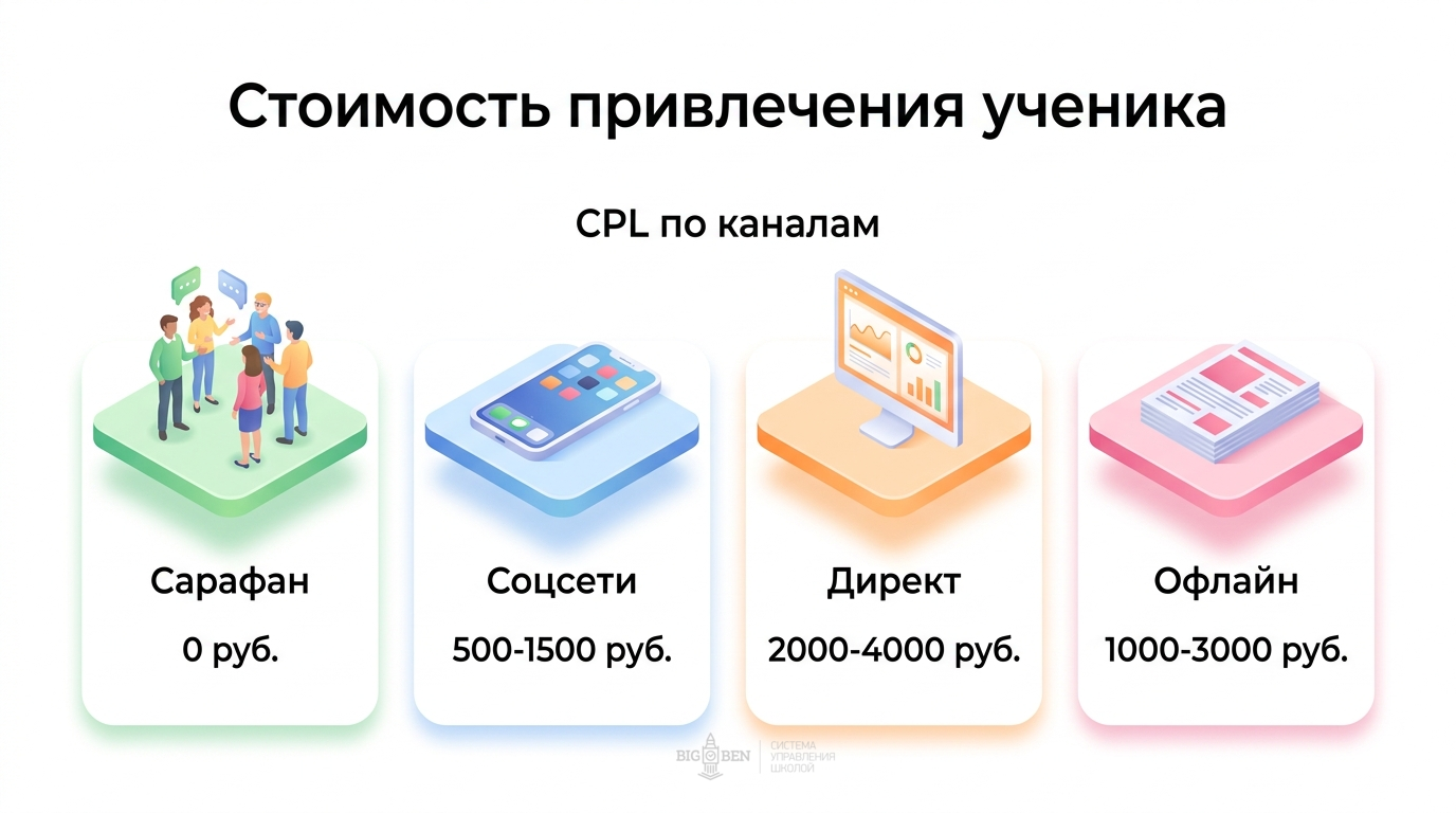 Сколько стоит привлечь ученика: CPL по каналам