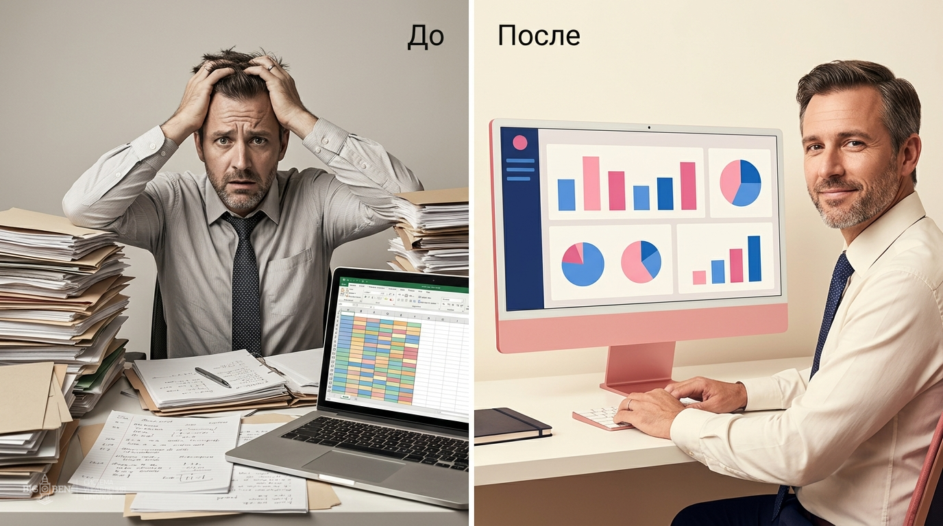 До и после внедрения ежемесячного отчёта в частной языковой школе — стопки Excel против одного дашборда с KPI