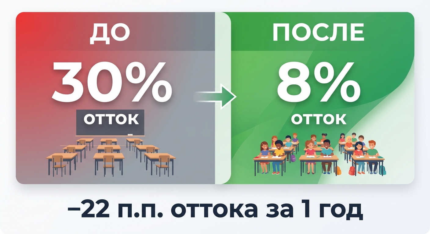 До: 30% отток, пустые парты. После: 8% отток, полный класс. Минус 22 п.п. за 1 год