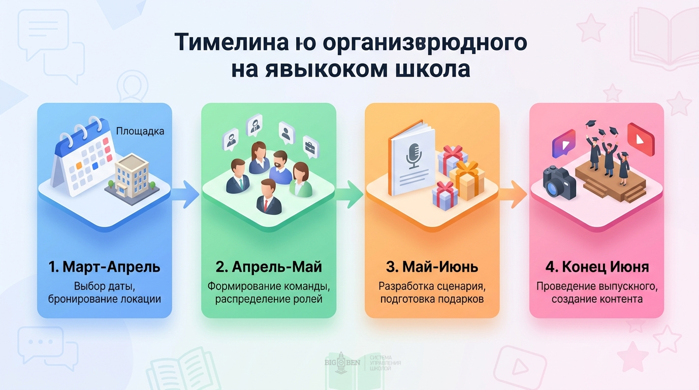 Таймлайн подготовки выпускного: Март-Апрель, Апрель-Май, Май-Июнь, Конец Июня